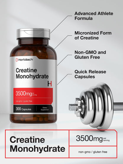 Horbäach Creatine Monohydrate Capsules - 3500mg, 300 Count | Non-GMO & Gluten Free