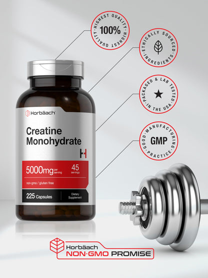Horbäach Creatine Monohydrate 5g - 225 Capsules | Non-GMO, Gluten Free