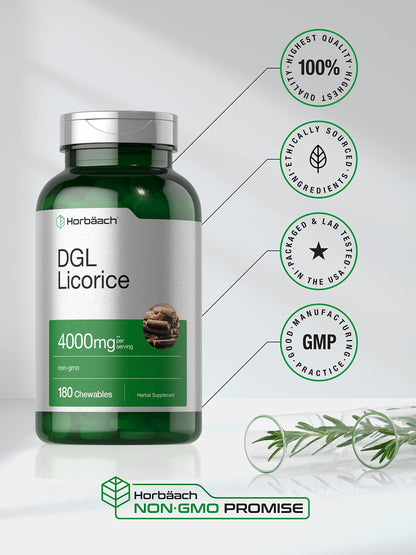 Horbäach DGL Licorice Chewable Tablets 4000mg | 180 Count | Vegetarian & Non-GMO | Deglycyrrhizinated Licorice Root Extract