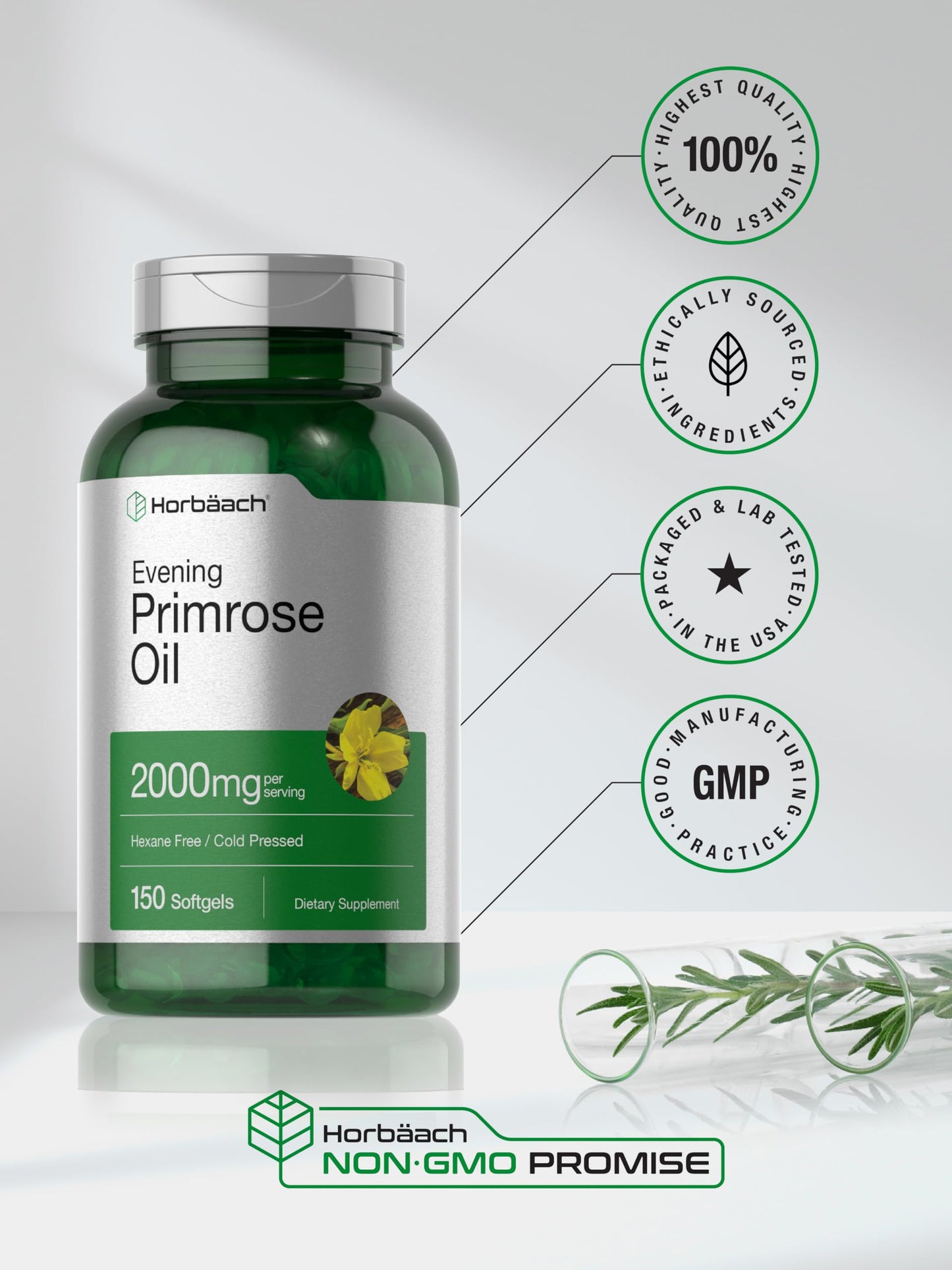 Horbäach Evening Primrose Oil Softgels 2000 mg – 150 ct | Non-GMO, Gluten Free