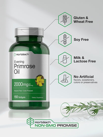 Horbäach Evening Primrose Oil Softgels 2000 mg – 150 ct | Non-GMO, Gluten Free