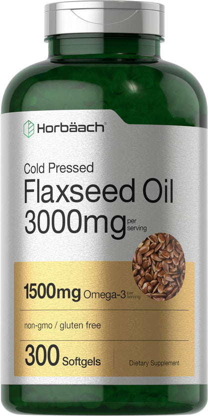 Horbäach Flaxseed Oil Softgel Capsules 3000mg | 300 Count | Non-GMO, Gluten Free | Cold Pressed