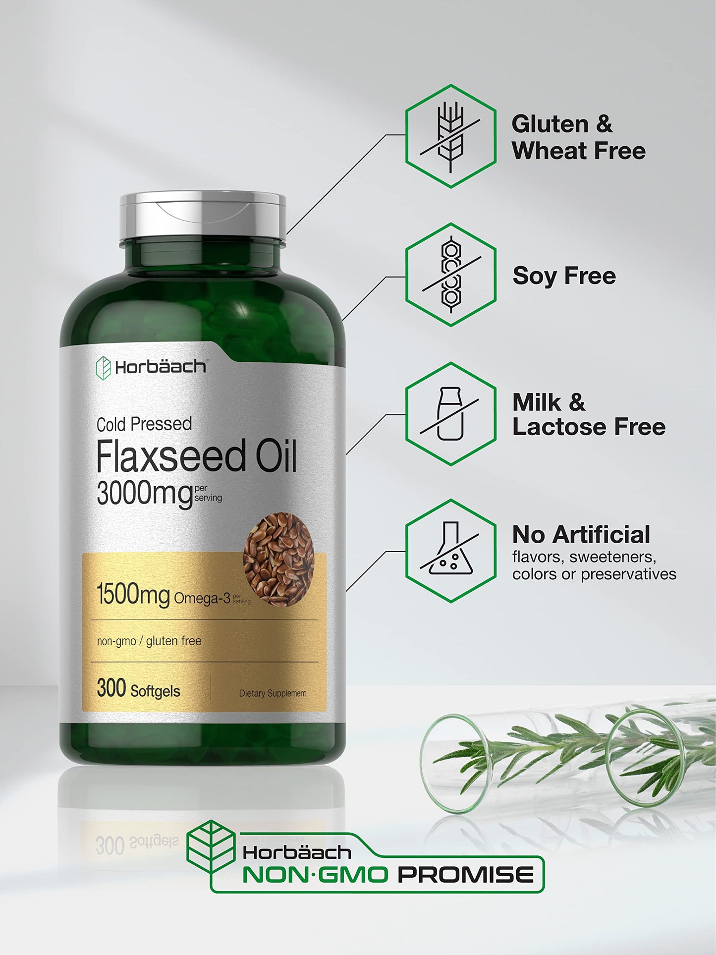 Horbäach Flaxseed Oil Softgel Capsules 3000mg | 300 Count | Non-GMO, Gluten Free | Cold Pressed