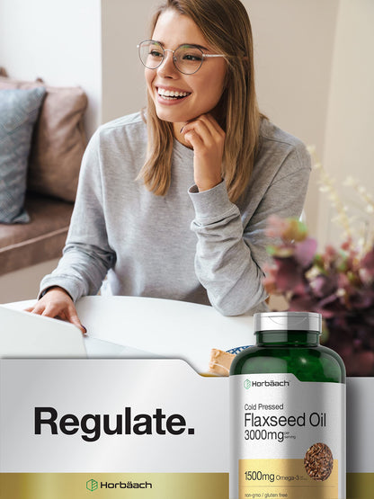 Horbäach Flaxseed Oil Softgel Capsules 3000mg | 300 Count | Non-GMO, Gluten Free | Cold Pressed