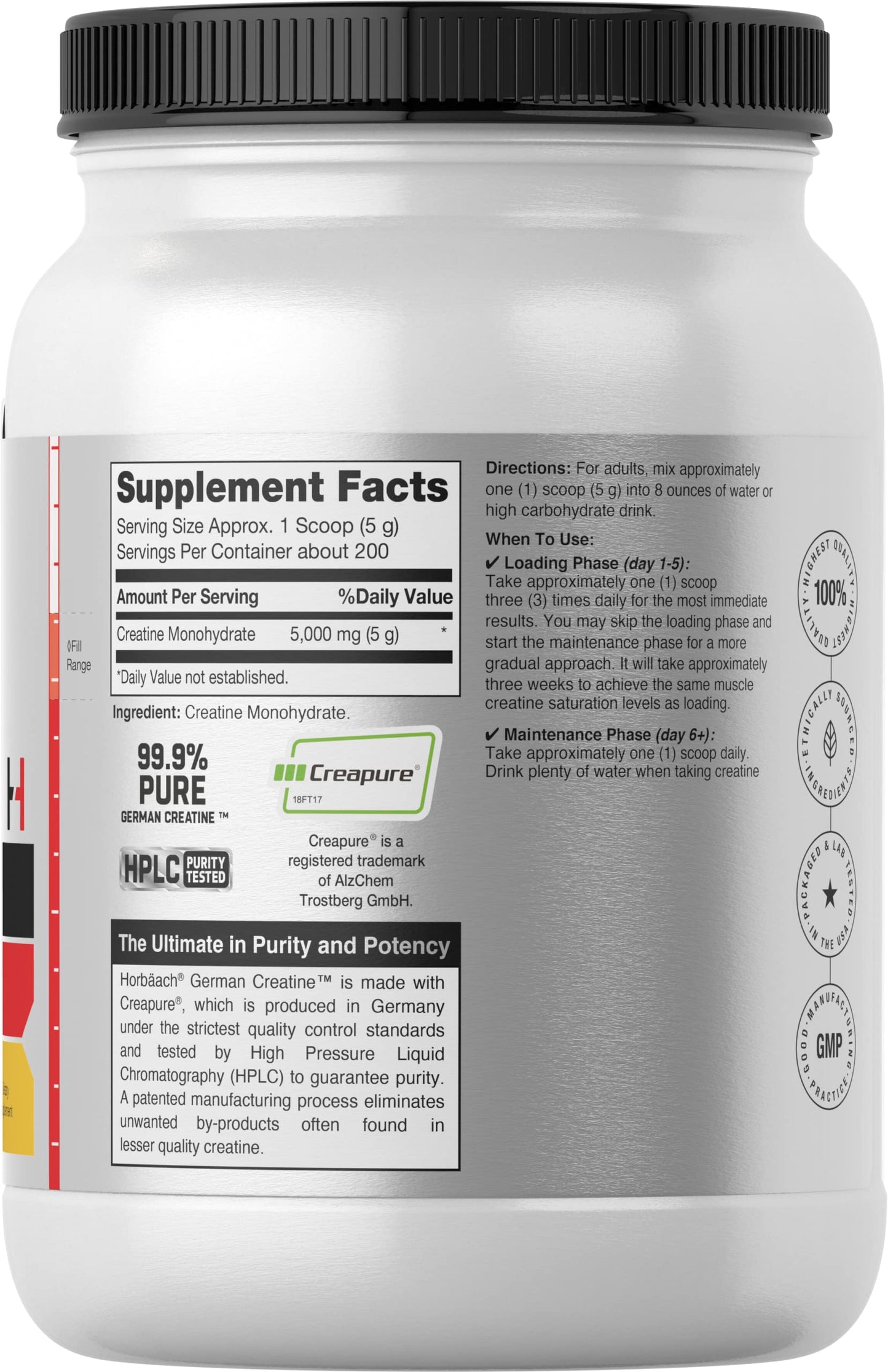 Horbäach German Creatine Powder 1000g | Creapure Monohydrate Powder | Vegetarian, Non-GMO, and Gluten Free Supplement | Promotes Strength & Power