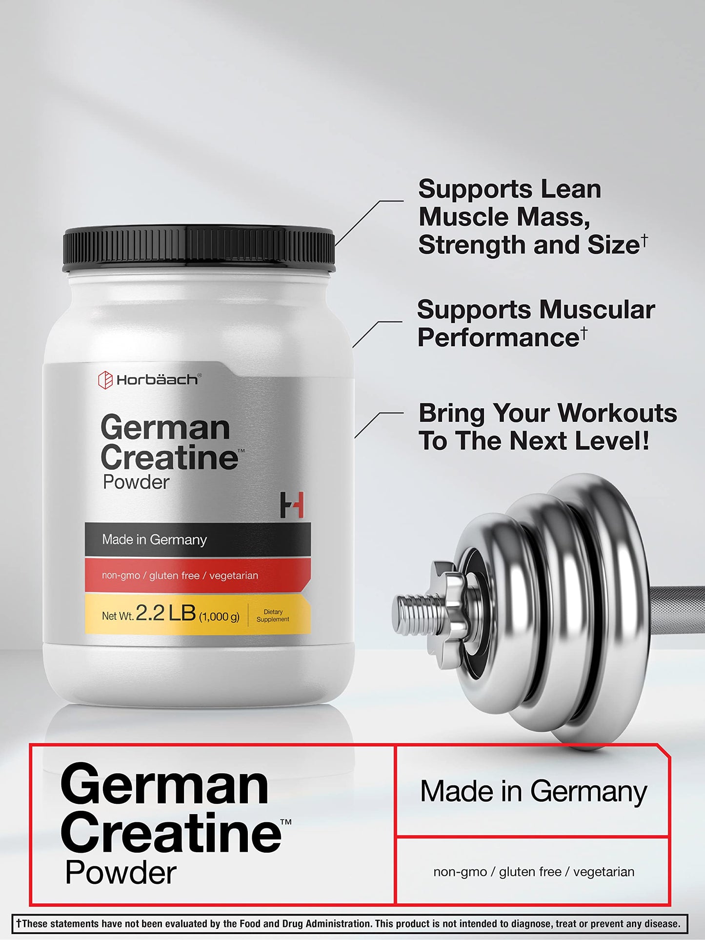 Horbäach German Creatine Powder 1000g | Creapure Monohydrate Powder | Vegetarian, Non-GMO, and Gluten Free Supplement | Promotes Strength & Power