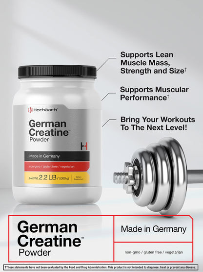 Horbäach German Creatine Powder 1000g | Creapure Monohydrate Powder | Vegetarian, Non-GMO, and Gluten Free Supplement | Promotes Strength & Power