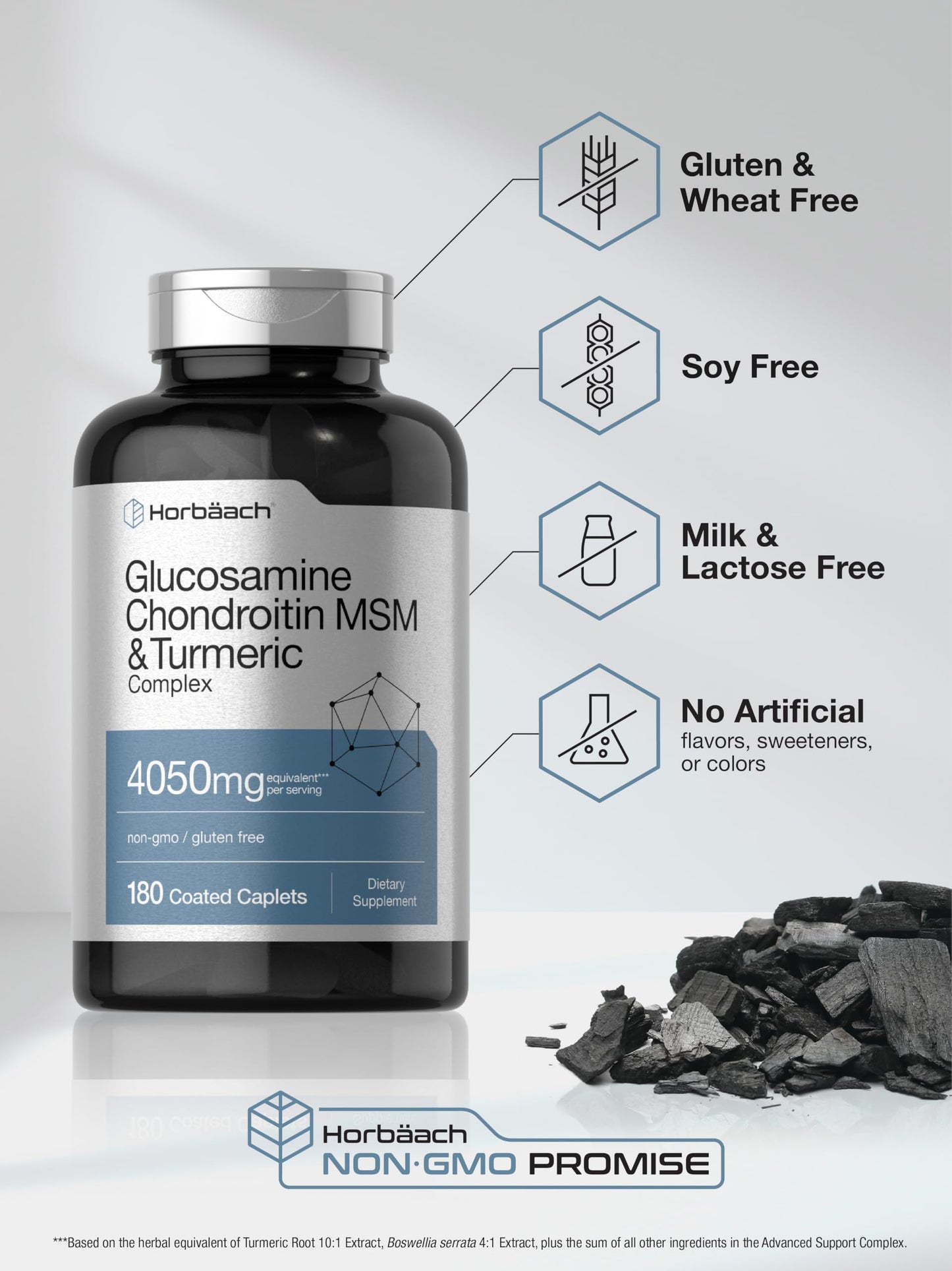 Horbäach Glucosamine Chondroitin MSM 4050 mg – 180 Caplets with Turmeric | Triple Strength | Non-GMO & Gluten Free