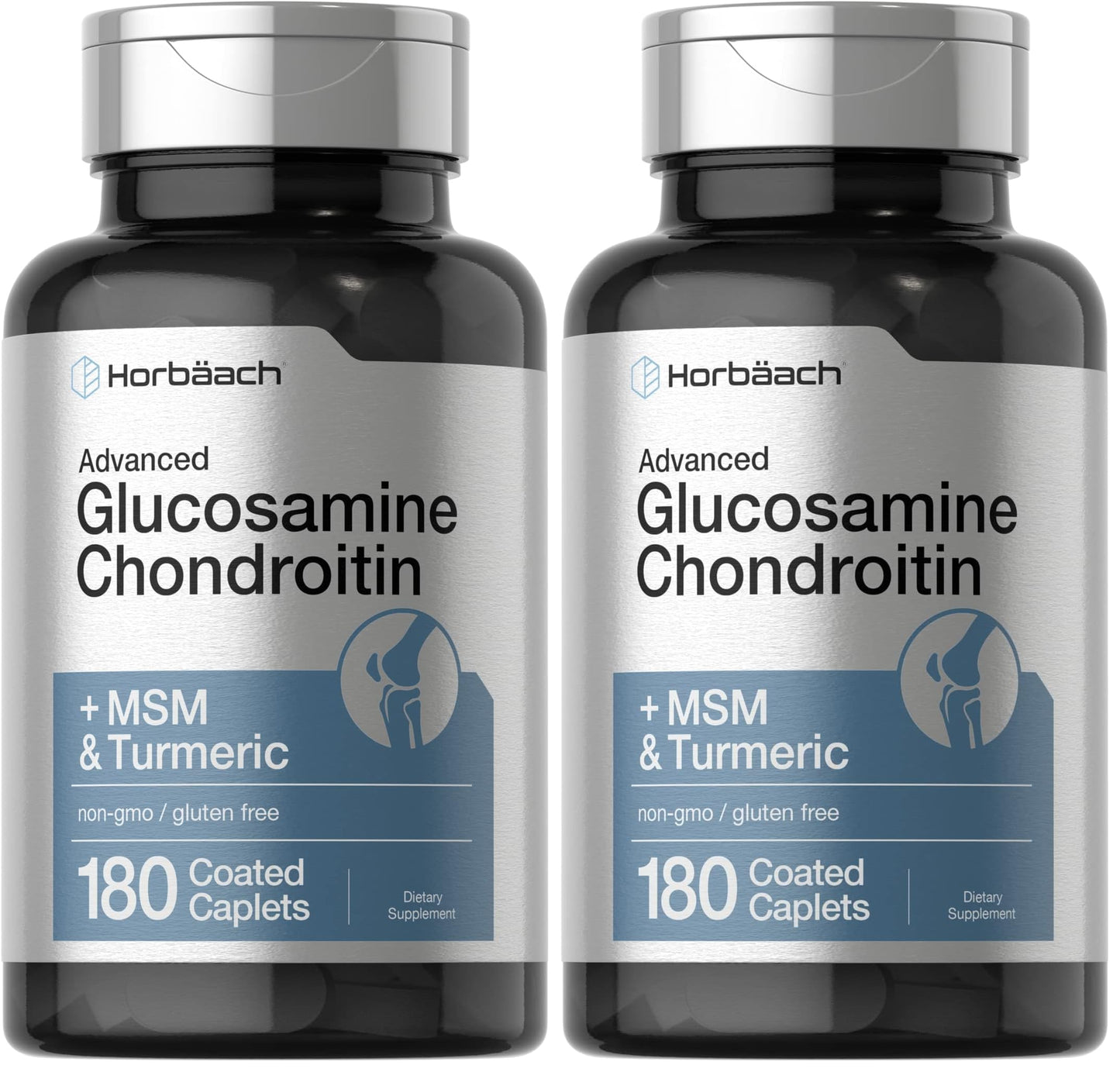 Horbäach Glucosamine Chondroitin | Plus MSM & Turmeric | 180 Coated Caplets | Non-GMO, Gluten Free Supplement (Pack of 2)