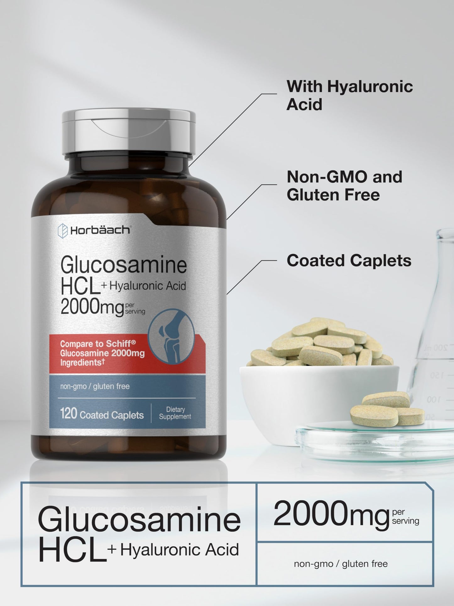 Horbäach Glucosamine HCL with Hyaluronic Acid – 2000mg (120 Caplets) | Non-GMO, Gluten Free