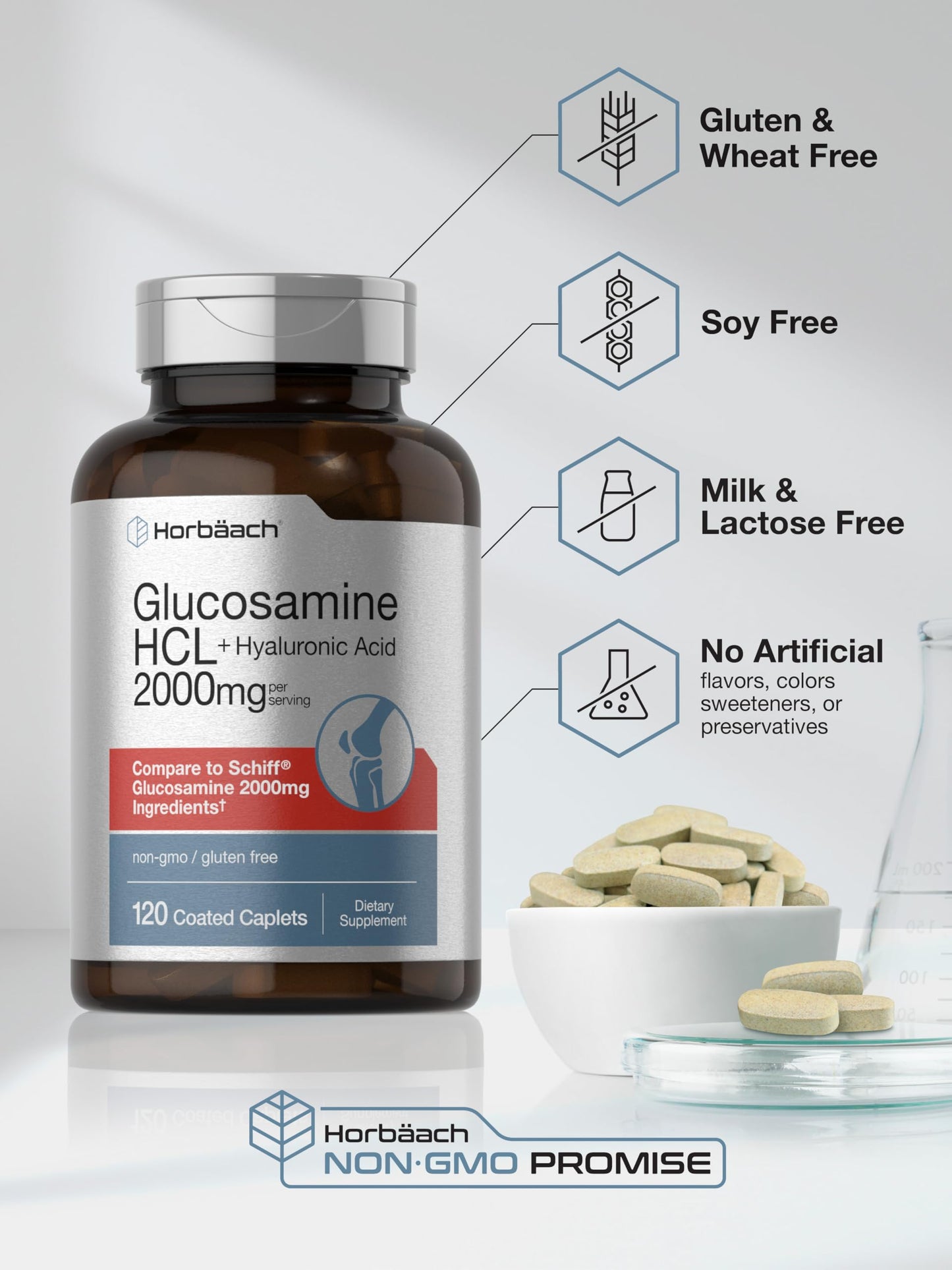 Horbäach Glucosamine HCL with Hyaluronic Acid – 2000mg (120 Caplets) | Non-GMO, Gluten Free
