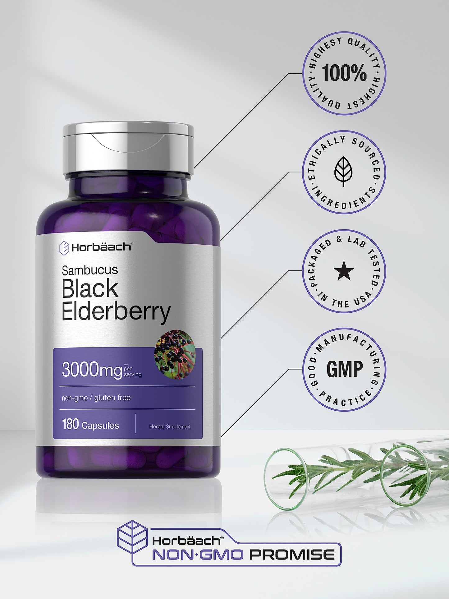 Horbäach Black Elderberry 3000mg Capsules – 180 Count | Non-GMO & Gluten Free