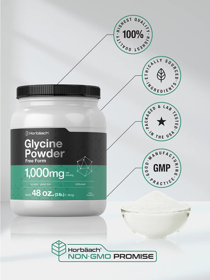 Horbäach Glycine Powder 3 lbs - Free Form, Unflavored, Vegetarian, Non-GMO, Gluten Free