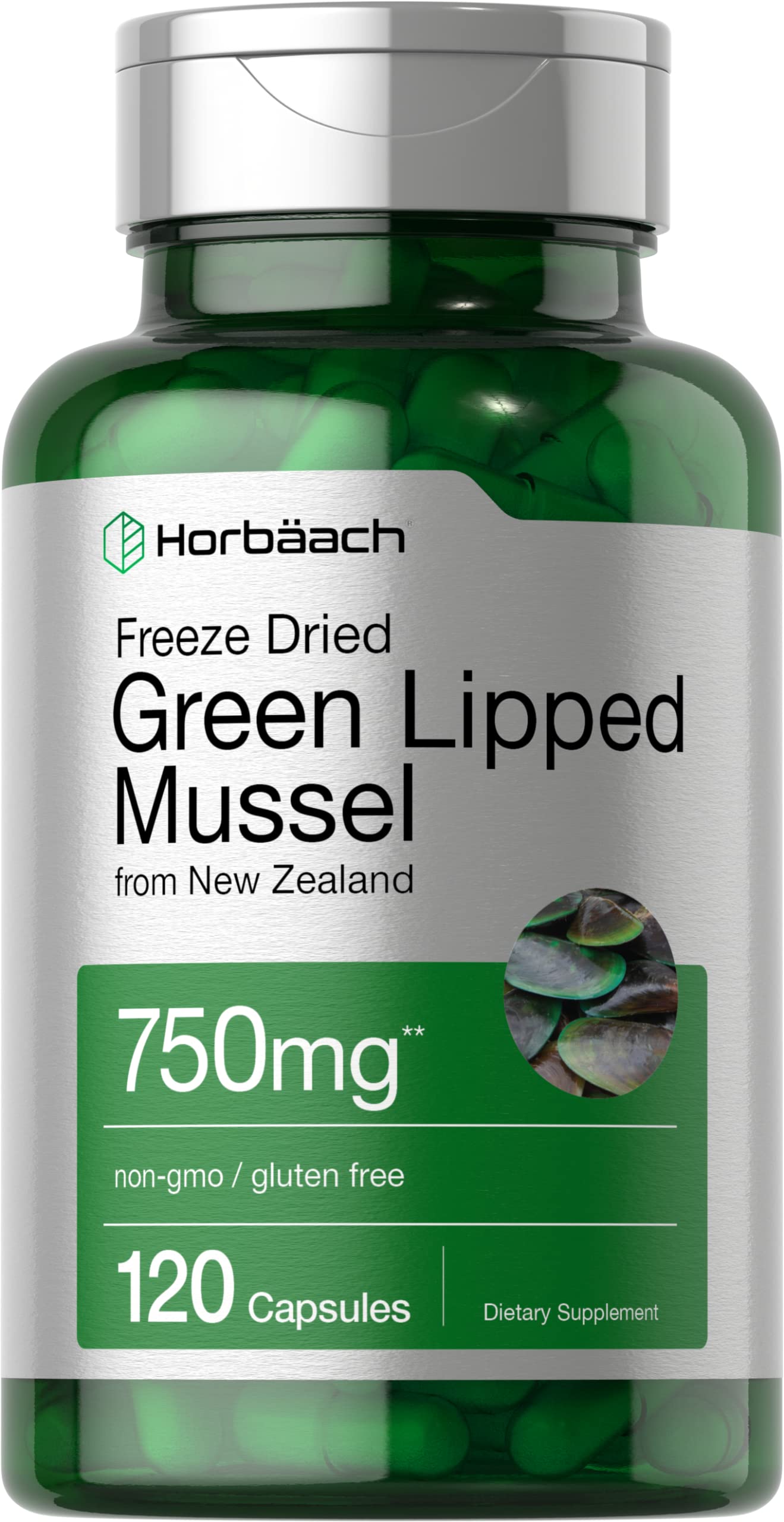 Horbäach Green Lipped Mussel 750 mg – 120 Capsules | NZ Freeze-Dried Mussel Powder | Non-GMO & Gluten Free