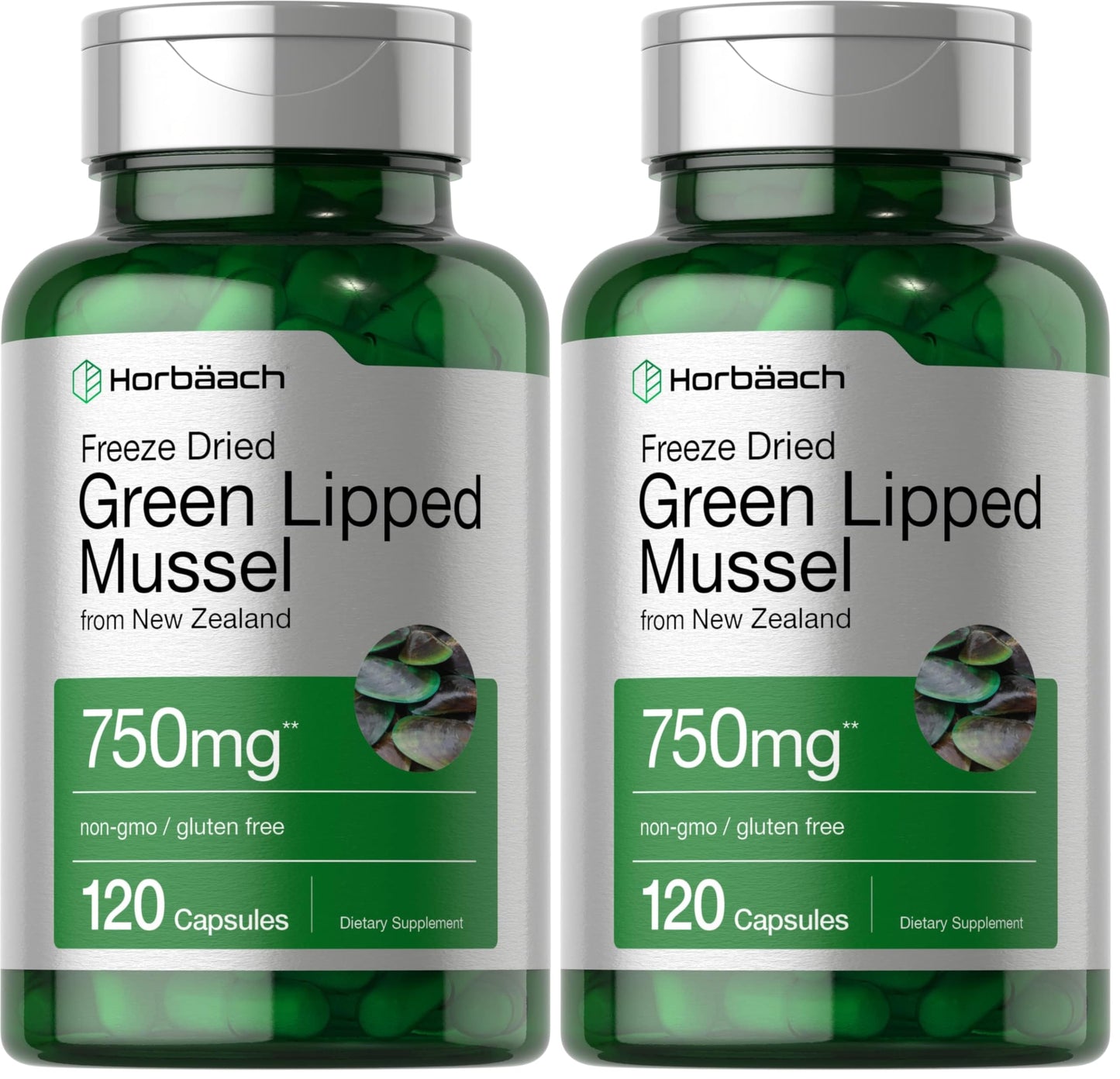 Horbäach Green Lipped Mussel 750 mg - 120 Capsules - New Zealand - Premium Freeze-Dried Mussel Powder - Non-GMO & Gluten Free (Pack of 2)