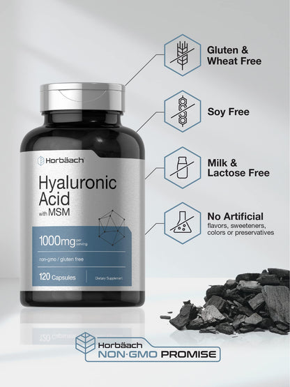Horbäach Hyaluronic Acid with MSM – 1000 mg, 120 Capsules, Non-GMO & Gluten Free (Pack of 2)