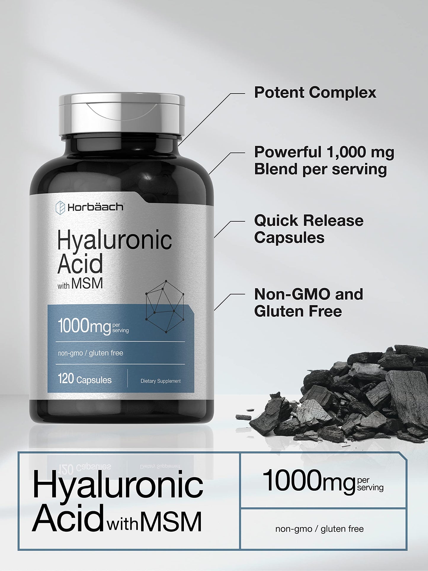 Horbäach Hyaluronic Acid with MSM – 1000 mg, 120 Capsules, Non-GMO & Gluten Free (Pack of 2)