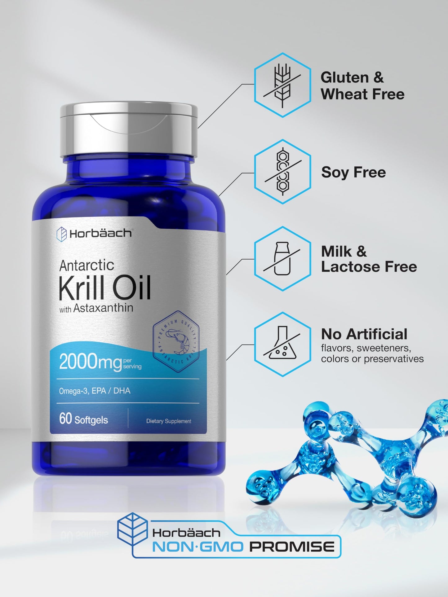 Horbäach Antarctic Krill Oil 2000mg | 60 Softgels | Omega-3 + Astaxanthin | Non-GMO, Gluten Free | Pack of 2