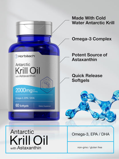 Horbäach Antarctic Krill Oil 2000mg | 60 Softgels | Omega-3 + Astaxanthin | Non-GMO, Gluten Free | Pack of 2
