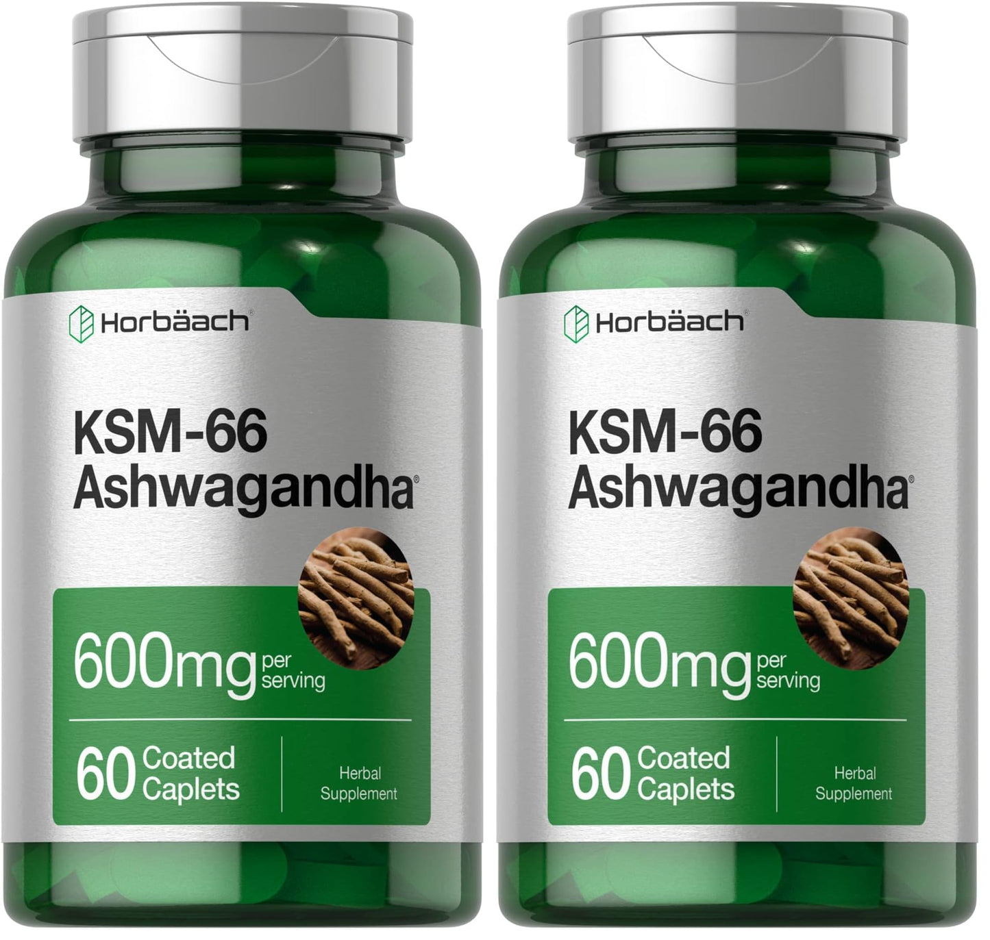 Horbäach KSM-66 Ashwagandha Caplets – 600mg | 60 Pills | L-Theanine | For Women & Men | Vegan, Non-GMO, Gluten Free | Pack of 2