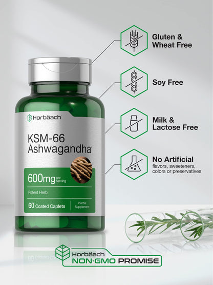 Horbäach KSM-66 Ashwagandha Caplets – 600mg | 60 Pills | L-Theanine | For Women & Men | Vegan, Non-GMO, Gluten Free | Pack of 2