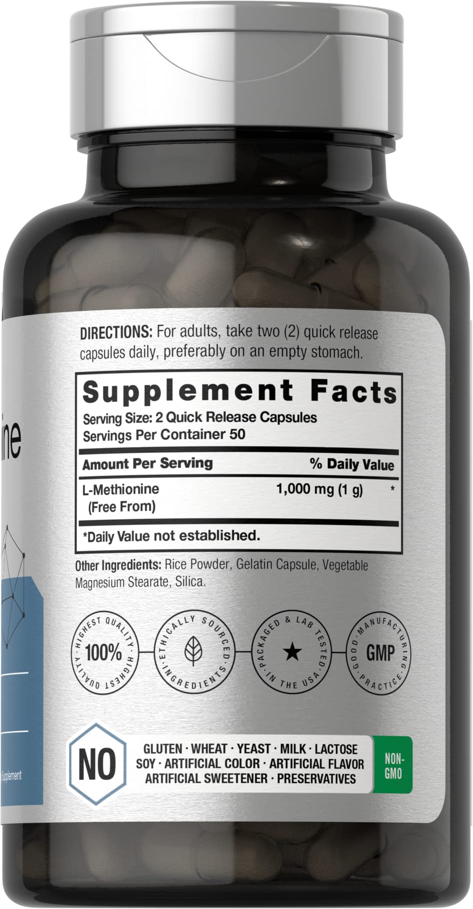 Horbäach L-Methionine 1000mg – 100 Capsules – Non-GMO, Gluten Free | Free Form Supplement