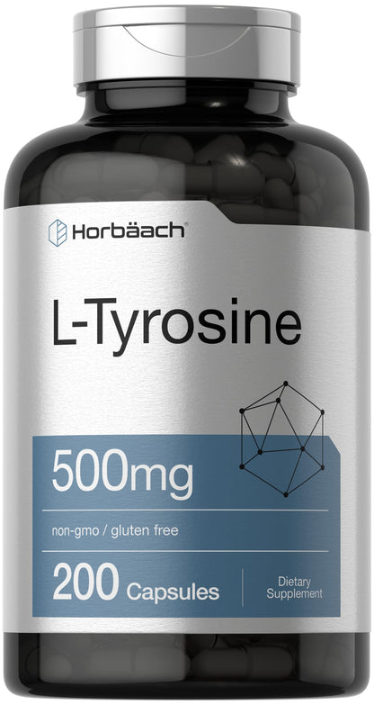 Horbäach L-Tyrosine Supplement | 500mg | 200 Capsules | Free Form | Non-GMO, Gluten Free
