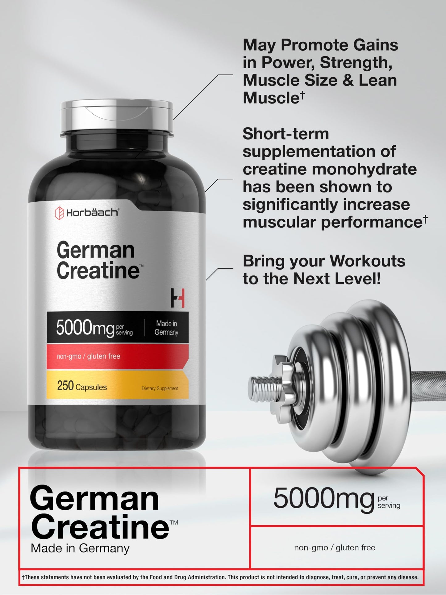 Horbaach German Creatine Monohydrate 5000mg | 250 Capsules | Non-GMO & Gluten Free