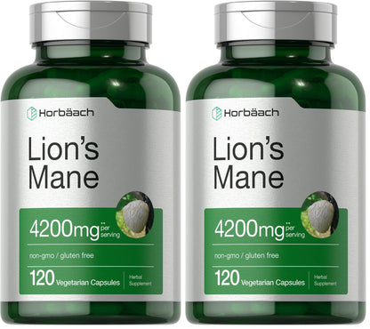 Horbäach Lions Mane Mushroom Extract 4200mg | 120 Veg Capsules | Pack of 2
