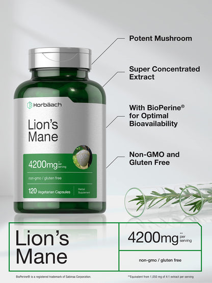 Horbäach Lions Mane Mushroom Extract 4200mg | 120 Veg Capsules | Pack of 2