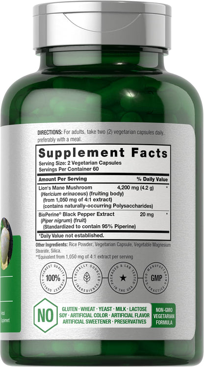 Horbäach Lion's Mane Mushroom Extract 4200mg | 120 Veg Capsules | Non-GMO, Gluten Free