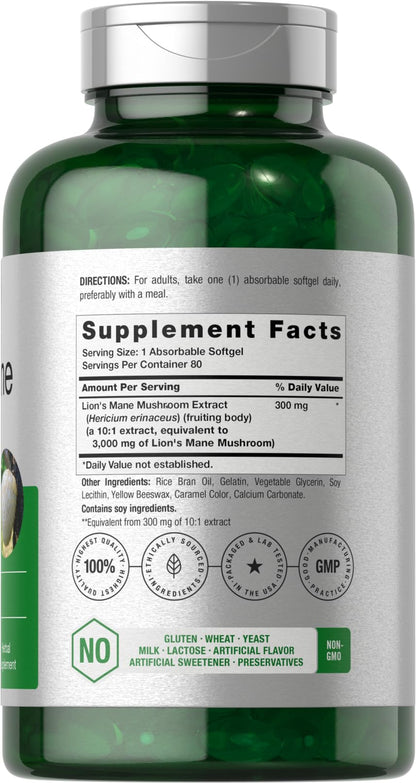 Horbäach Lions Mane Supplement | 3000mg | 80 Absorbable Softgels | Non-GMO & Gluten Free Extract