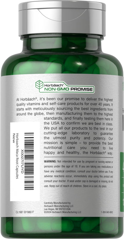 Horbäach Maca Root Capsules for Men and Women | 120 Pills | High Potency Extract | Non-GMO & Gluten Free