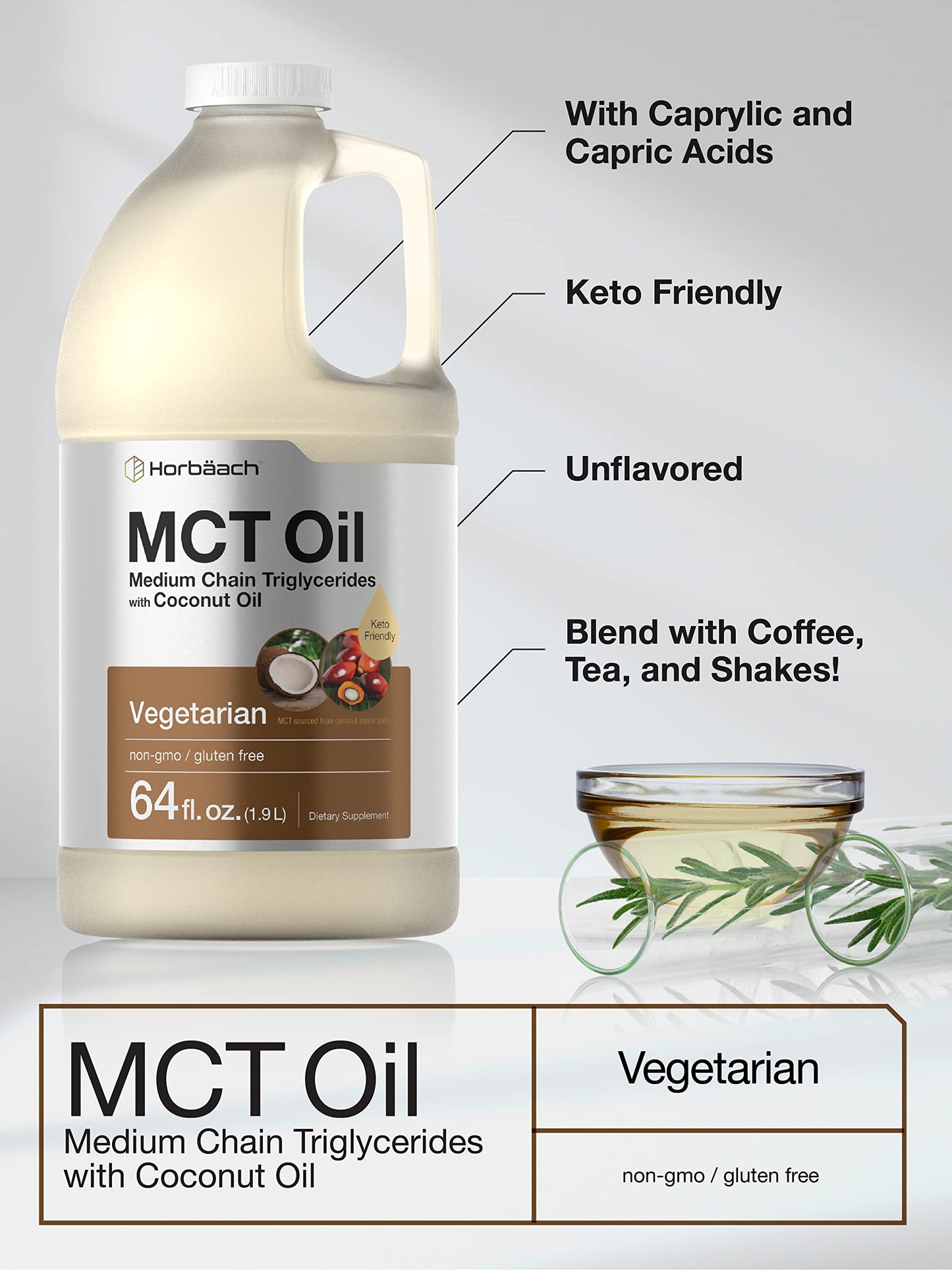 Horbaach MCT Oil 64 oz – 100% Pure, Unflavored, Keto & Gluten Free | Blends with Coffee, Tea & Liquids