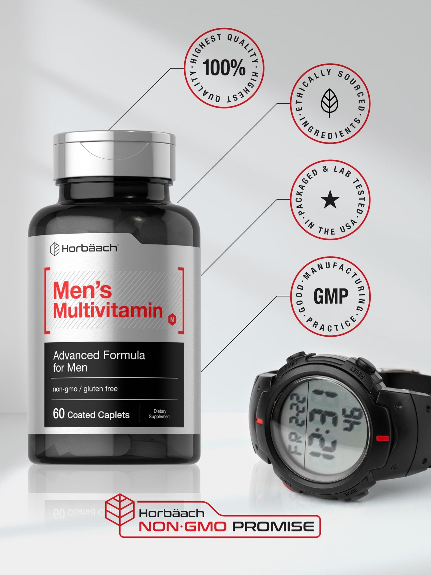 Horbäach Mens Multivitamin 60 Caplets – Advanced Formula with Vitamin C, D, Magnesium | Non-GMO & Gluten Free