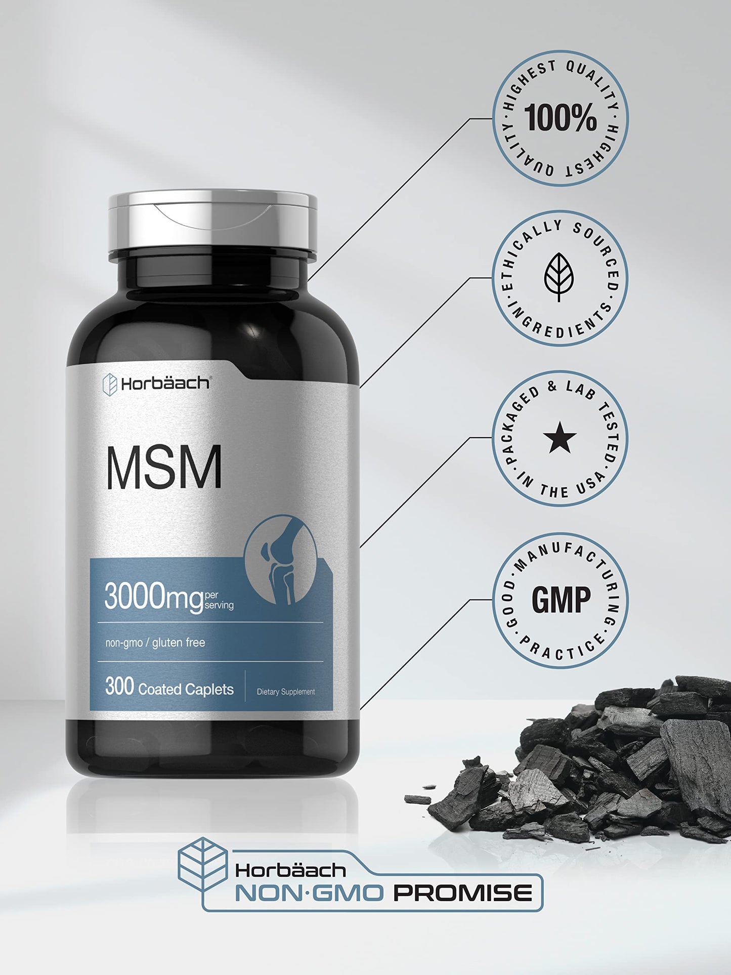 Horbaach MSM 3000mg Supplement – 300 Coated Caplets | MSM with Calcium, Vegetarian, Non-GMO, Gluten Free