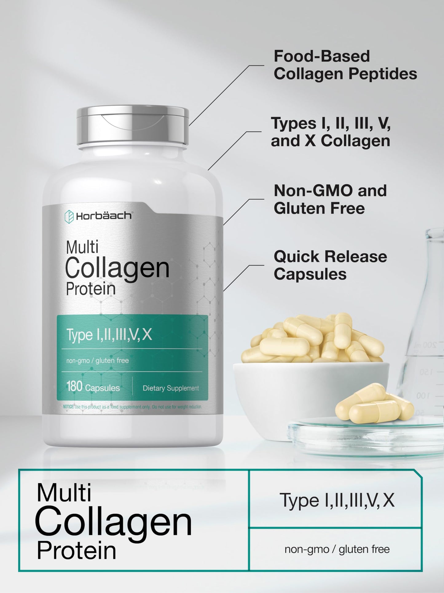 Horbäach Multi Collagen Protein 2000 mg – 180 Capsules | Hydrolyzed Collagen Types I, II, III, V, X | Keto & Paleo Friendly, Non-GMO, Gluten Free