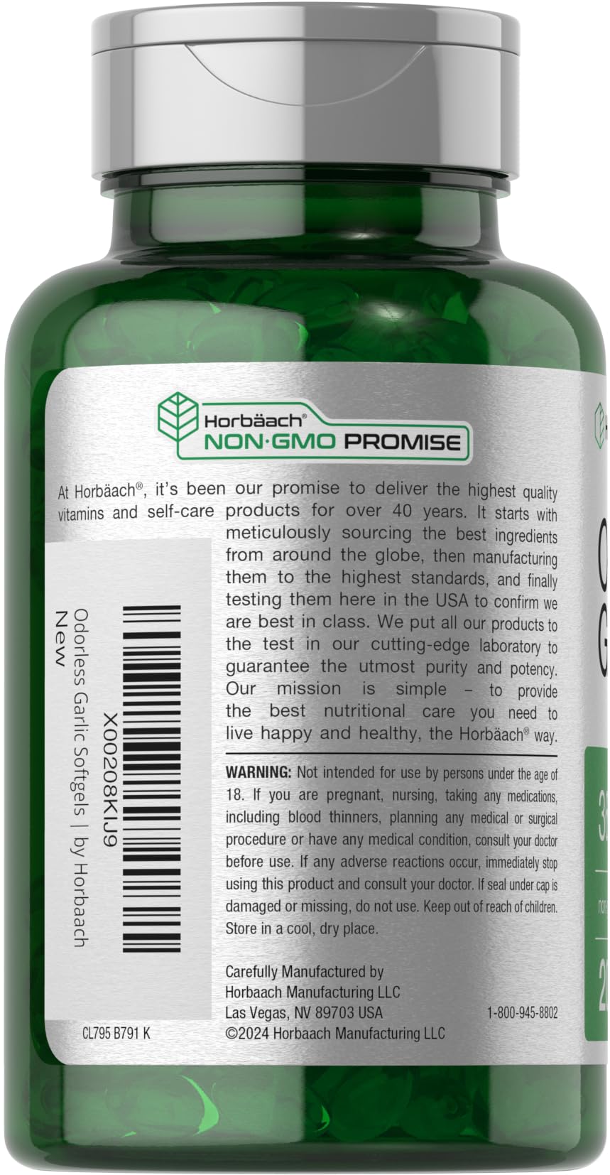 Horbäach Odorless Garlic Softgels 3600 mg | 200 Count | Non-GMO & Gluten Free (Pack of 2)