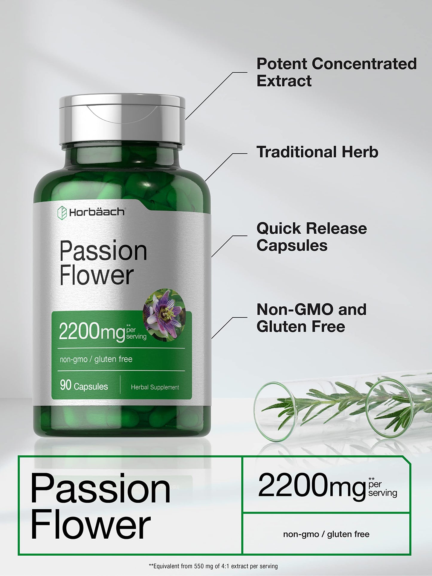 Horbäach Passion Flower Capsules - 2200mg, 90 Count, Non-GMO & Gluten Free