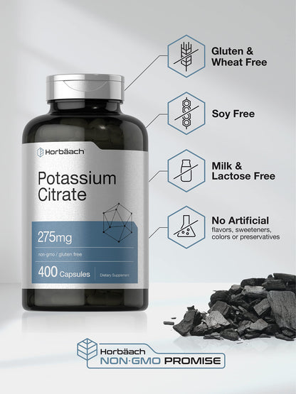 Horbäach Potassium Citrate 275 mg | 400 Capsules | Non-GMO, Gluten Free