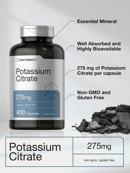 Horbäach Potassium Citrate 275 mg | 400 Capsules | Non-GMO, Gluten Free