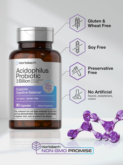 Horbäach Probiotic for Women & Men's Digestive Health | 3 Billion CFU | 90 Capsules | Non-GMO & Gluten Free