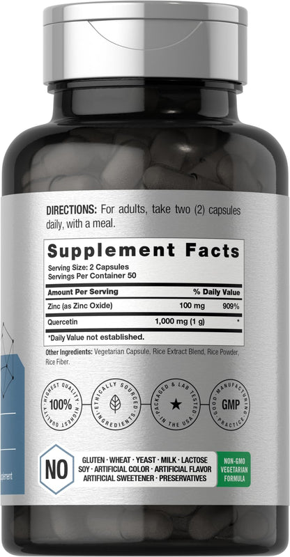 Horbäach Quercetin 1000mg Capsules with Zinc | 100 Count | Non-GMO, Gluten Free