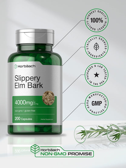 Horbäach Slippery Elm Bark Capsules | 200 Count | Non-GMO & Gluten Free (Pack of 2)