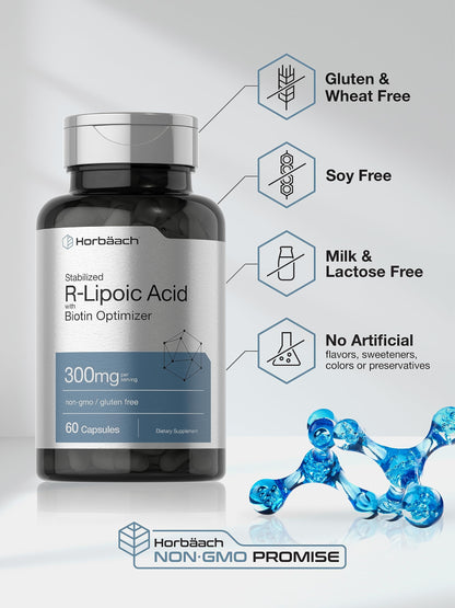 Horbäach Stabilized R-Lipoic Acid 300mg | 60 Capsules | with Biotin Optimizer | Non-GMO, Gluten Free | Na-RALA Supplement