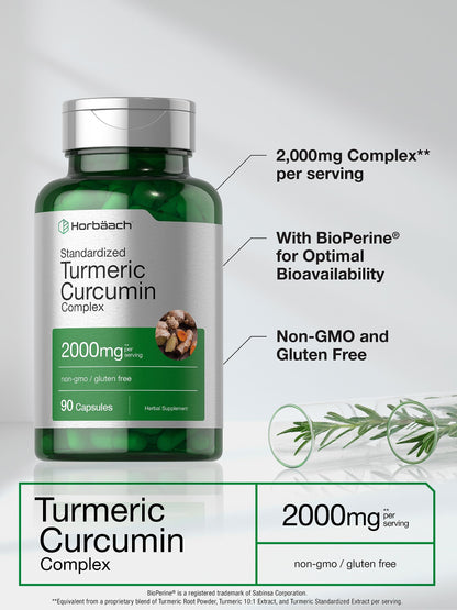 Horbäach Turmeric Curcumin 2000mg - 90 Capsules x2 | Black Pepper, Non-GMO, Gluten Free (Pack of 2)