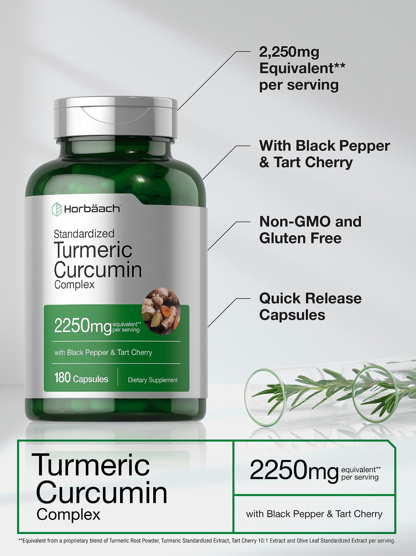 Horbaach Turmeric Curcumin 2250mg - 180 Capsules | Black Pepper & Tart Cherry, Non-GMO, Gluten Free