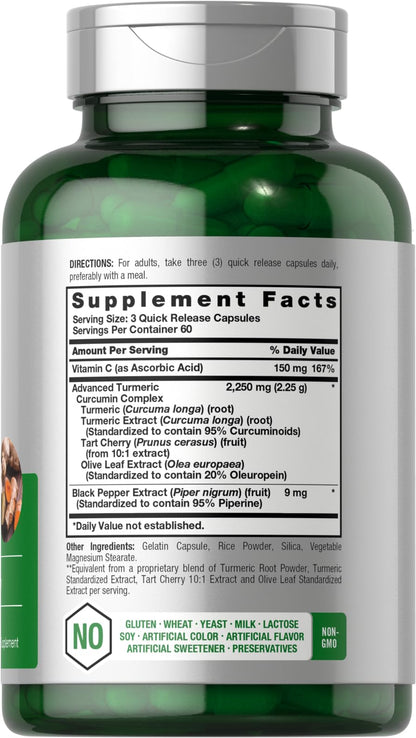 Horbäach Turmeric Curcumin 2250mg | 180 Capsules | Black Pepper & Tart Cherry | Non-GMO & Gluten Free (Pack of 2)