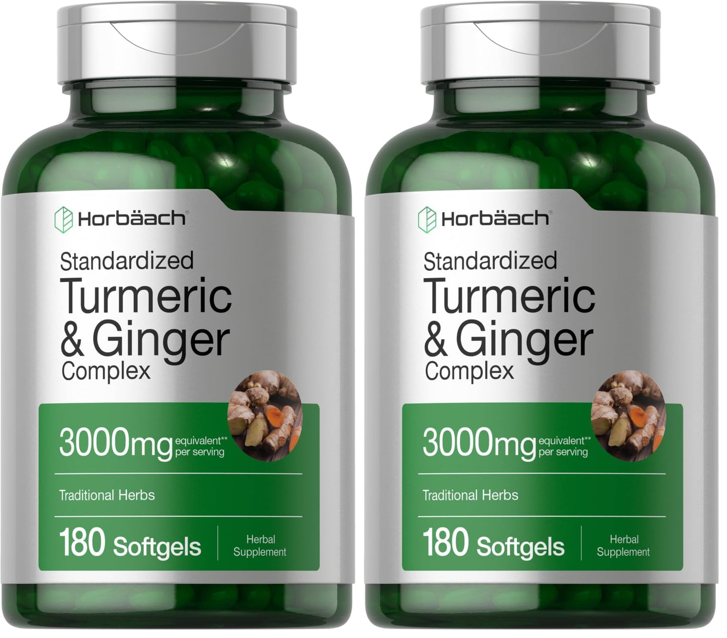 Horbäach Turmeric & Ginger 3000 mg Softgels (180) - Black Pepper - Non-GMO (Pack of 2)