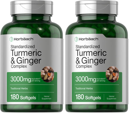 Horbäach Turmeric & Ginger 3000 mg Softgels (180) - Black Pepper - Non-GMO (Pack of 2)